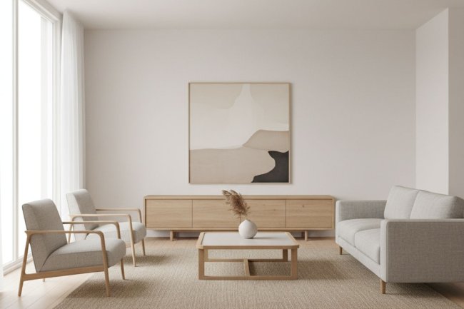 Minimalist living room with clean lines, uncluttered décor, neutral color palette, and simple artwork on the wall.